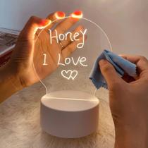 Luminária LED Escrever Abajur 3D 30x20 quadro de notas tela pra escrever decoração quarto sala casa em acrílico