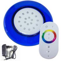 Luminária LED RGB para Piscina 18w com acabamento azul + controle touch + fonte - kit completo st444