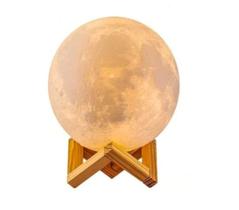 Luminária Lua Cheia Usb 3d 15 Cm 4 Cores Suporte Madeira