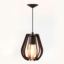 Luminária Lustre Pendente Redondo Pequeno Madeira Vazado Aletado MDF Rustico Soquete E27 15x17cm Sala Cozinha Quarto Bancada