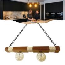 Luminária Lustre Pendente Rústica Réplica Caibro 60cm Teto 2 Bocal E-27 com Corda Sisal 110/220V