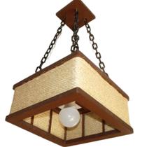 Luminária Lustre Pendente Rústico Quadrada Madeira 30 Cm acabamento em sisal