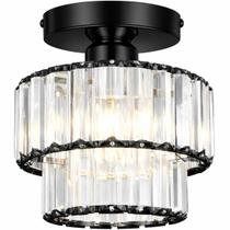 Luminária Lustre Teto 20x15cm 30 Cristais Metal Preto 2 Andares Plafon Gimpo KJGD-020-BLACK