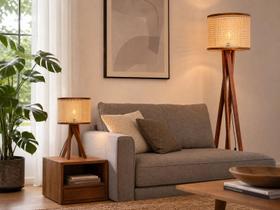 Luminária Luxo de Chão e Abajur Mesa Pes Madeira Cúpula em Tela Sintética Bivolt E27 Design Moderno Luminária Luxo de Chão e Abajur Mesa Pes Madeira Cúpula em Tela Sintética Bivolt E27 Design Moderno
