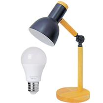 Luminária Mesa Abajur 45cm Articulada Retrô Madeira Gimpo KJTD-685-PAI + 1 Lâmpada 12 Watts LED Bivolt