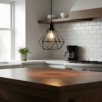 Luminária Pendente Aramado Modelo Diamante Estilo Retrô Bivolt 110v 220v Cor Preto