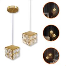Luminária Pendente Cubo Quadrado Led Dourado De Cristal 10w 3 Em 1 C/ Cabo Ajustável