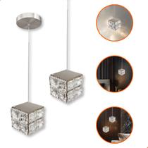 Luminária Pendente Cubo Quadrado Led Prateado De Cristal 10w 3 Em 1 C/ Cabo Ajustável Luminária Pendente Cubo Quadrado Led Prateado De Cristal 10w 3 Em 1 C/ Cabo Ajustável
