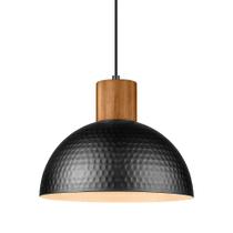 Luminária pendente ELYONA 12 de metal martelado com cúpula de madeira de borracha