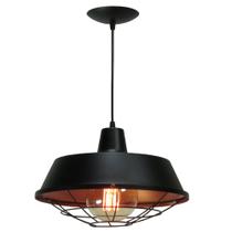 Luminária Pendente Industrial Retro 38Cm Grade Preta E Cobre - Mak-Luz