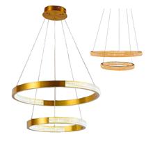 Luminaria Pendente Lustre 2 Aneis Cristal Arco Dourado Led 52W Sala de Jantar Restaurante Ambiente Casa Sala de Estar Residencial Comercial Moderno Lu