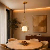 Luminária Pendente Lustre Aro Gota Dourado Bola Globo Esfera Opaco Leitoso Moderno Luxo INL116