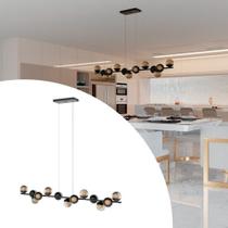 luminária Pendente lustre de Teto Jabuticaba de Alumínio Preto Com 13 Globos de Vidros Ambar