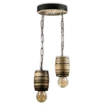 Luminária Pendente Lustre Duplo em Madeira Maciça Barril Rústico Colonial Vintage Retrô - Ideal para Pergolados Chalés Sítios e Cabanas