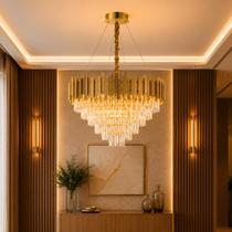 Luminária Pendente Lustre Luxuoso Dourado e Cristais Vana Sindora INL104
