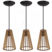 Luminária Pendente Madeira Koni Escritório E27 3 Unidades