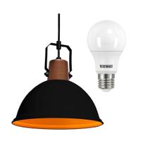 Luminária Pendente Modaza Ditta Média e Lâmpada LED Bulbo, Preto e Marrom Luminária Pendente Modaza Ditta Média e Lâmpada LED Bulbo, Preto e Marrom