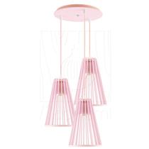 Luminária Pendente Triplo Madeira Koni 20cm CR Rosa Claro