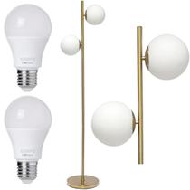 Luminária Piso Chão 162cm Jabuticaba 2 Globos Dourada KJTD-710-GOLD + 2 Lâmpadas LED 12W Bivolt