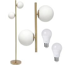 Luminária Piso Chão 162cm Jabuticaba 2 Globos Dourada KJTD-710-GOLD + 2 Lâmpadas LED 9W Bivolt