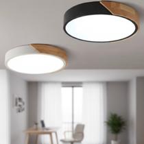 Luminária Plafon LED Redondo 40cm Slim 36W Madeira Metal Luz 3 Tons de Cor Branca, Neutra, Quente