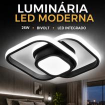 Luminária Plafon LED Teto Pendente Duplo Quadrado Luz Led Sobrepor Preta 29x29cm 26W Difusor Central