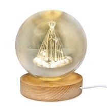 Luminária São Jorge ou Nossa Senhora Globo 10cm Cristal Led 3D Base de Madeira Com USB