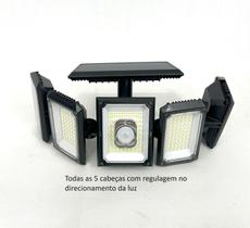 Luminária Solar com Sensor e Controle Remoto 300 Leds 5 cabeças placa acoplada