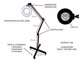 Lupa Luminária Led Tripé com Rodinhas Preta Best Pro Lupa Luminária Led Tripé com Rodinhas Preta Best Pro