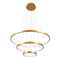 Lustre 3 Arcos Pendente Led Sala Moderno Luxuoso 3 Anéis Ring 20 40 e 60cm 55W Luz Branca 6500K Pronto para Instalar Altura Ajustável