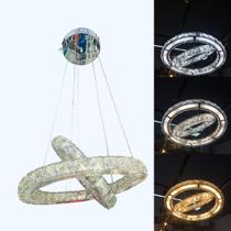 Lustre cristal 2 aneis 3 cores de luz em 1