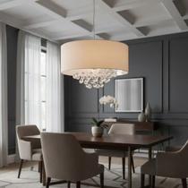 Lustre Cupula De Tecido Bege Cilindrica 40cm Com Cristal