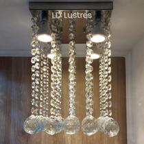 Lustre de Cristal Chuva Reta Base 20x20 de Inox Espelhada com 30cm Altura para Mesa de Jantar