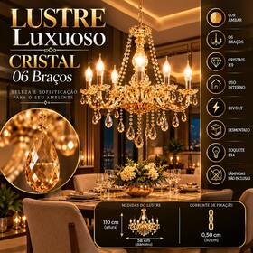 Lustre De Cristal Luxuoso Ambar Com 06 Braços E14 - LUXOR STORE