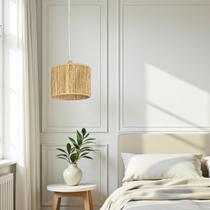 Lustre de Teto Pendente Luminárias de Sisal com Estrutura em Ferro Estilo Natural e Feito à Mão 20x15cm Para Sala Banheiro Cozinha Varanda Redondo