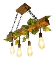 Lustre Luminária de Madeira, Bivolt, Pendente de teto, 4 pendentes com folhagem e correntes