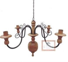 lustre luminária madeira torneada e ferro de teto rústico decoração 4 lâmpadas artesanal sala de jantar casa pé direito cozinha - MINAS ARTE PRÓPRIA