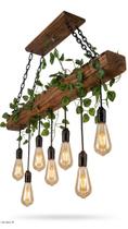 Lustre Luminária Pendente Rústico de Madeira com 7 Pendentes, Correntes e Folhagem Decorativa Lustre Luminária Pendente Rústico de Madeira com 7 Pendentes, Correntes e Folhagem Decorativa