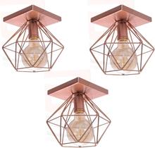 Lustre Luminária Plafon Quadrado Diamante Aramado Rose Gold Luxo Moderno Pendente Retrô Kit Com 3 Unidades