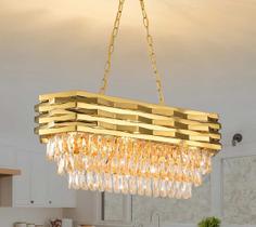 Lustre Oval Metal Dourado com Cristais Transparente 80cm 10E14