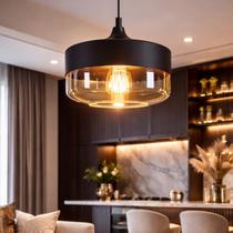 Lustre Pendente 25cm Vidro Âmbar Metal Preto Redondo Luminária Teto Gimpo KJDDE-263