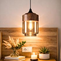 Lustre Pendente 33cm Vidro Âmbar Metal Madeira Cilíndrico Luminária Teto Gimpo KJDDE-267