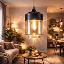 Lustre Pendente 33cm Vidro Âmbar Metal Preto Cilíndrico Luminária Teto Gimpo KJDDE-262 Lustre Pendente 33cm Vidro Âmbar Metal Preto Cilíndrico Luminária Teto Gimpo KJDDE-262