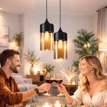 Lustre Pendente 34cm Vidro Âmbar Metal Preto Cilíndrico Luminária Teto Gimpo KJDDE-261