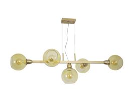 Lustre Pendente 5 Bolas 1 Metro Vidro Âmbar Globo Dourado 289