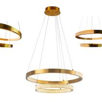 Lustre Pendente Aneis Arco Dourado Cristal Luminaria Led 52W Luxo Casa Sala de Estar Sala de Jantar Restaurante Comercial Residencial Iluminaçao Ambie