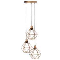 Lustre Pendente Aramado Triplo Diamante Cabo Cristal Regulável Cobre Rose Gold Luminária Agp Ilumini