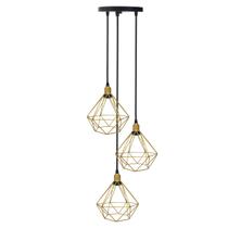 Lustre Pendente Aramado Triplo Diamante Dourado Cabo Regulável Luminária Agp Ilumini Retro