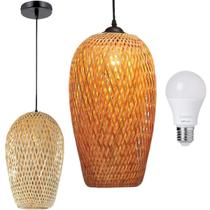 Lustre Pendente Bambu 37Cm Fibra Natural Luminária Teto