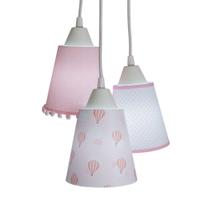 Lustre Pendente Cacho Tecido Nuvens e Pompons Rosa e Branco